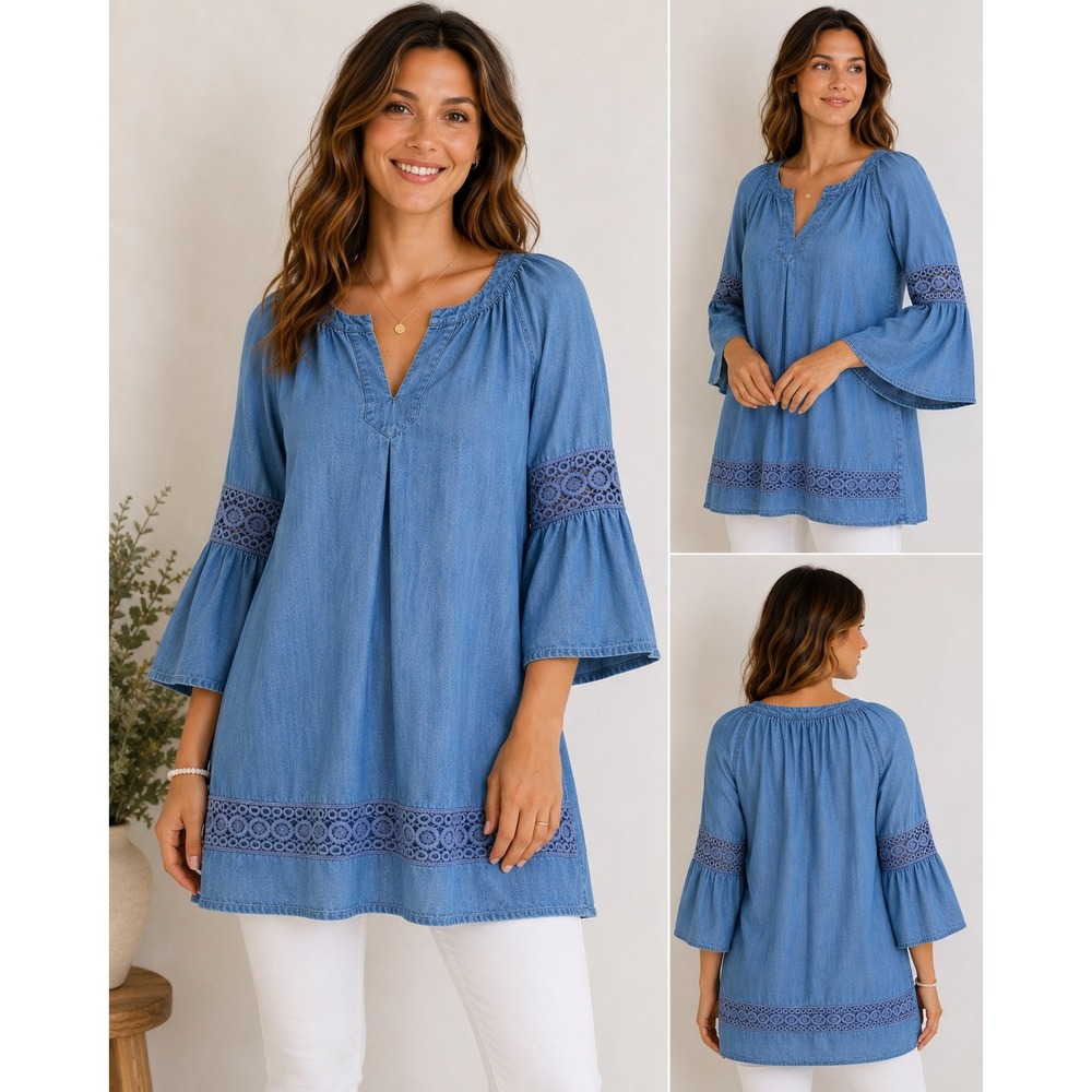 Crown & Ivy Chambray Tunic Dress L Blue Bell Sleeve Crochet Boho Peasant Festive